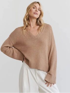 JENNI KAYNE TAN LINEN BLEND V NECK SWEATER SZ M